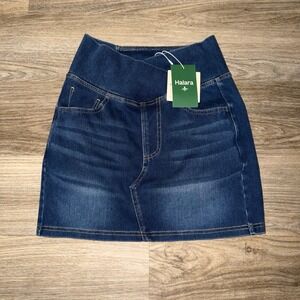 NWT Halara Crossover‎ Denim Mini Skirt Womens High Waisted Bodycon Pocket